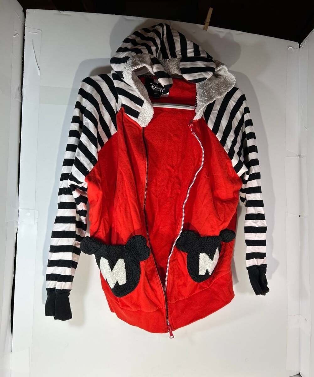 Disney Jeans Medium Women’s Hoodie Red with black & white striped sleeves READ